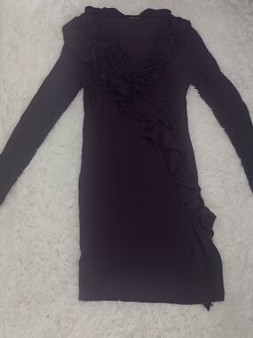 Women's Long Sleeve Ruffle Front Dress - Deep Purple
